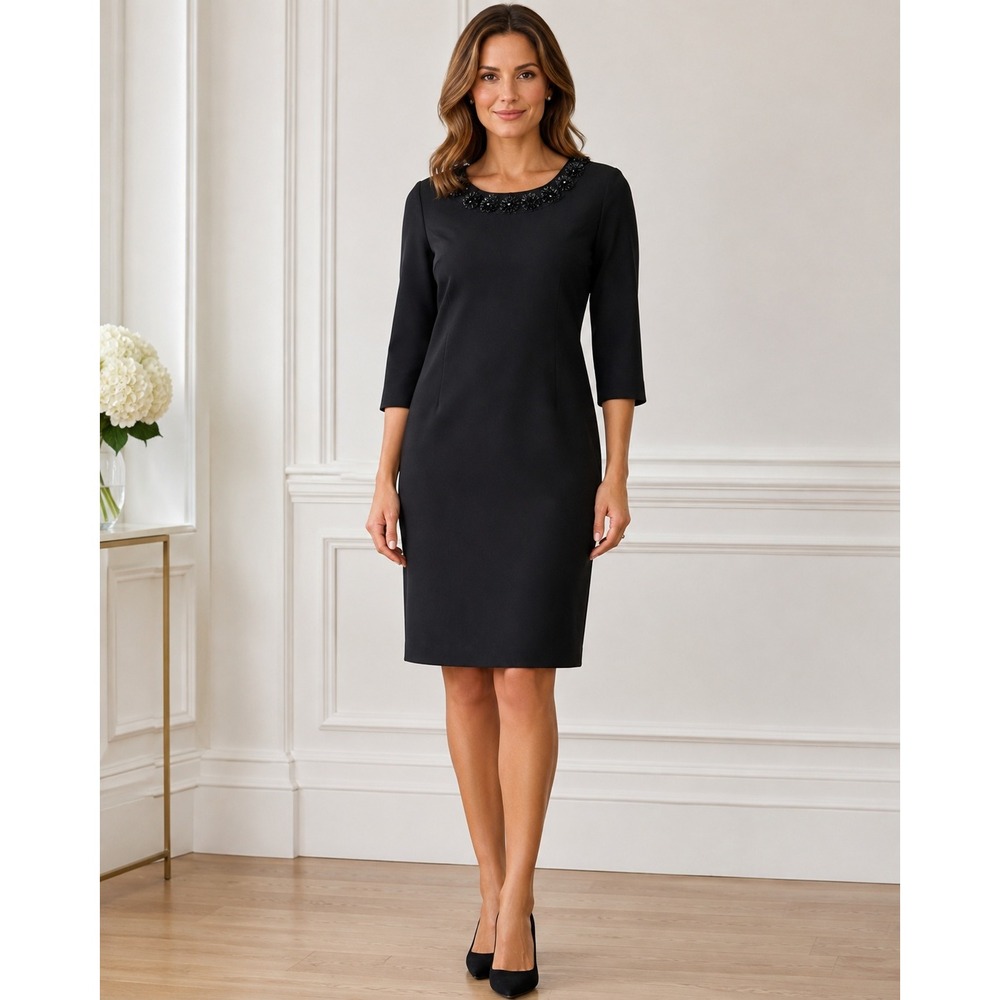 Talbots‎ Black Silk Cotton Sheath Dress Womens 4 Beaded Neckline